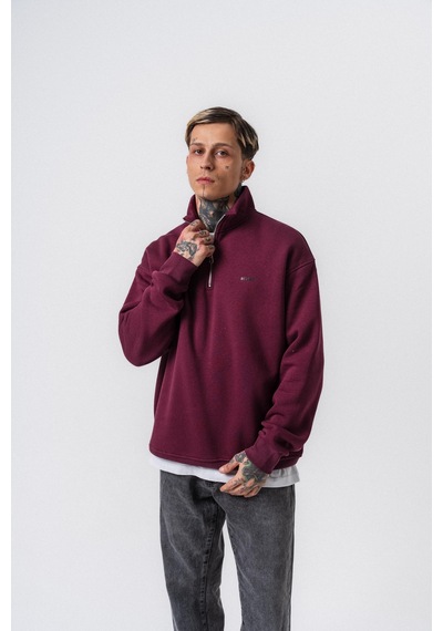 Erkek Respire Yazı Detaylı Yarım Fermuarlı Basic Sweatshirt Vişne Bordo