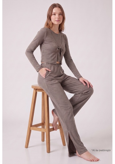 Cottonill Premium - Serene Collection Vizon Rib Dokulu Önden Bağlamalı Viskon 3'lü Kadın Pijama Takımı
