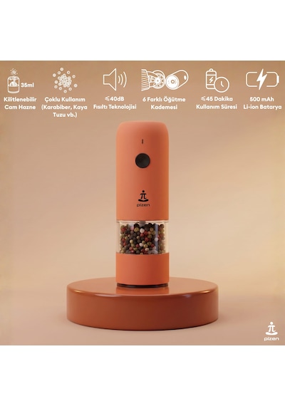 Pizen Windmill Usb Şarjlı Otomatik Baharat Öğütücü Led Işıklı Ayarlanabilir Tuz Karabiber Değirmeni Turuncu
