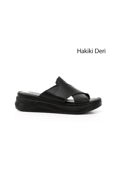 Gönderi(R) Gönderi R Siyah Çapraz Bantlı Dolgu Topuk Hakiki Deri Comfort Terlik Siyah