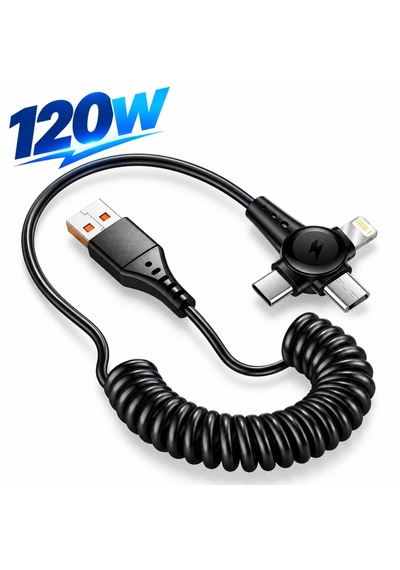Alfais 6047 Usb Hızlı Telefon Data Şarj Kablosu 120w 3in1 Spiral Yaylı Type C Micro Lightning Veri