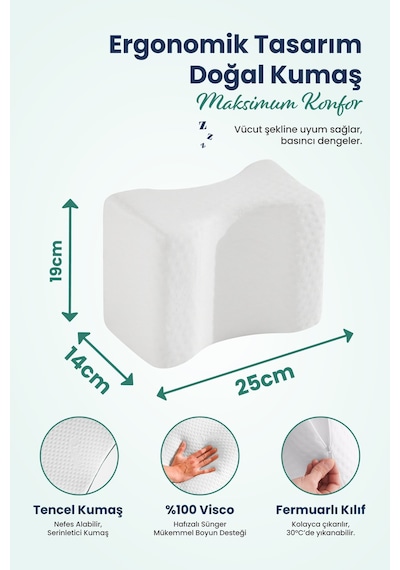 Bacak Arası Ortopedik Yastık Diz Arası Visco Yastık 25x19x14 Cm Beyaz