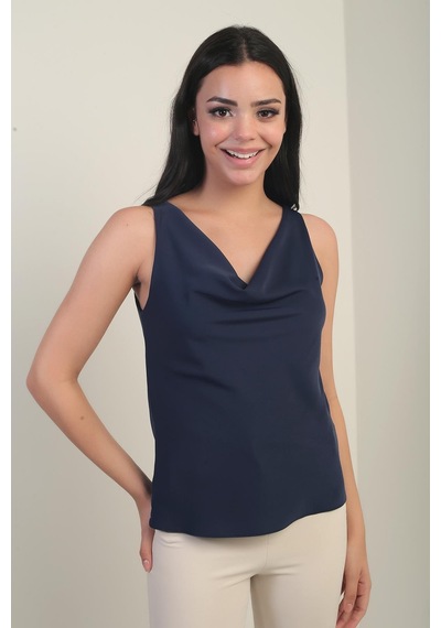 By Saygı Kadın Degaje Yaka Kolsuz Krep Saten Bluz-41063 Lacivert