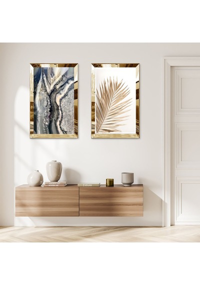 Gold Aynalı Pleksi Çerçeveli Beyaz Arka Planlı Gold Soyut Çiçek İkili Mdf Tablo Seti
