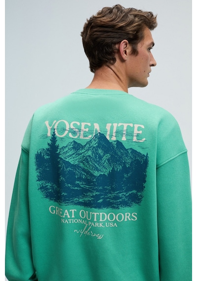 Grimelange PERCY Erkek Yuvarlak Yaka Göğsü Nakışlı Sırtı Baskılı Oversize Yeşil Sweatshirt