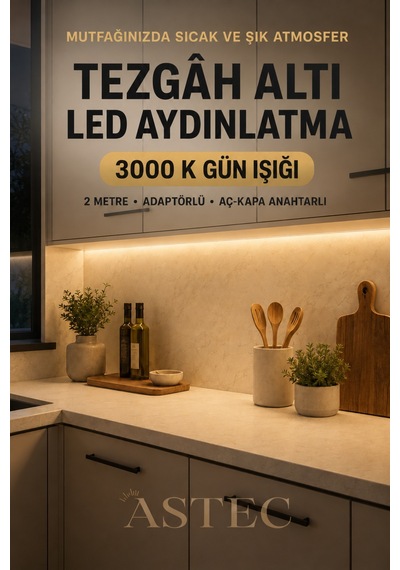 Astec Mutfak Dolabı Tezgah Üstü İçin 2 Metre Gün Işığı 12v Adaptörlü Aç Kapa Anahtarlı Şerit Led Işık Günişiği