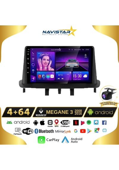 Megane 3 Kablosuz Carplay 4+64 Gb Android 13 Navigasyon Multimed
