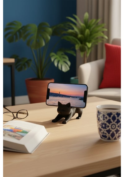 Siyah Kedi Telefon Tablet Tutucu 10 X 10 Cm
