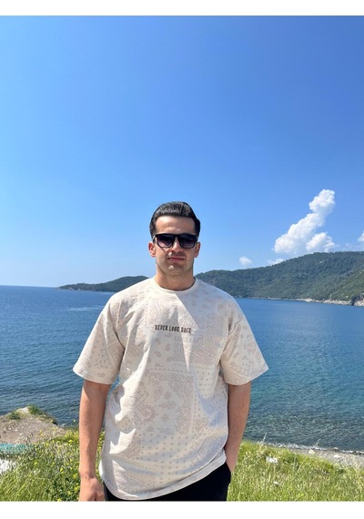 Erkek Bisiklet Yaka Oversize Baskılı T-shirt Krem