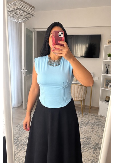Moda Banuş Mavi Modal Kumaş Kısa Kol Önü Uzun Body