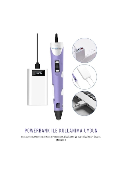 Mor 3D Kalem 3D Pen 3 Boyutlu Yazıcı Kalem 3 Renk 9 Metre Filament + USB KABLO