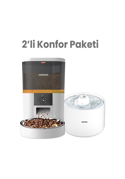 Haustier Hst-qq005 Beyaz Akıllı Mama Kabı, Hst-wf013 Seramik Kedi Su Sebili 2 Li Set Haustier Türkiye Garantili