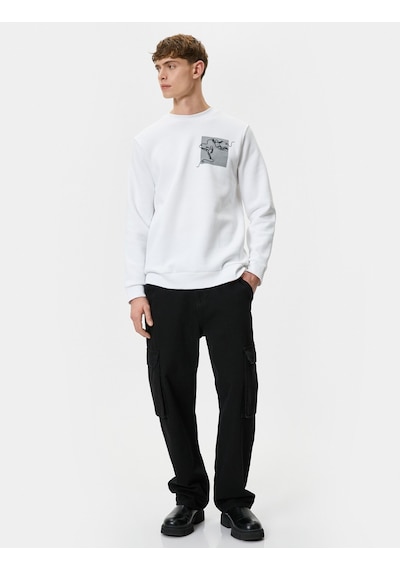 Koton Bisiklet Yaka Sweatshirt Soyut Baskılı Uzun Kollu Ribanalı Beyaz 4wam70426mk Beyaz