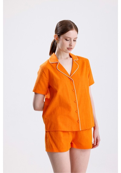 Kadın Kısa Kol Önden Düğmeli Şortlu Kiremit Pijama Takımı Çok Renkli