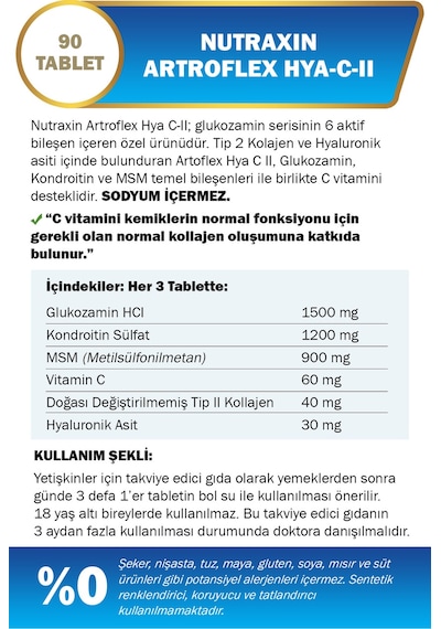 Nutraxin Artroflex HYA-C-II 90 Tablet–Tip II Kolajen, Glukozamin, MSM, Hyaluronik Asit Eklem Destek Takviyesi
