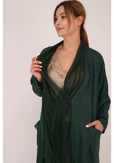 Bohem Stil Italyan Ipek Detaylı Oversize Kaftan & Bluz-8711 Zümrüt Yeşili