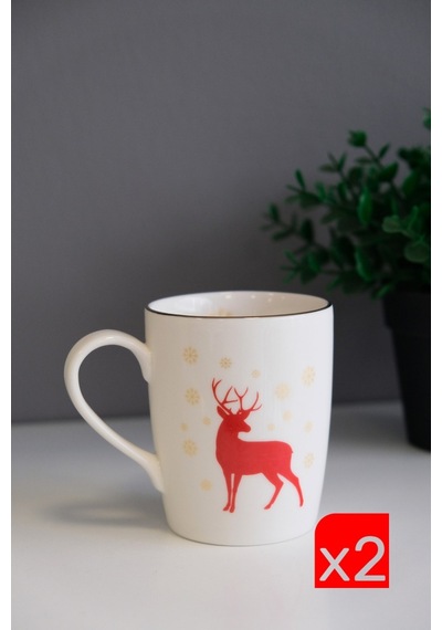 Tabak Evi Porselen Altın Yaldızlı Geyik Kulplu Mug Kupa 9cm 220ml 2 Li Çok Renkli