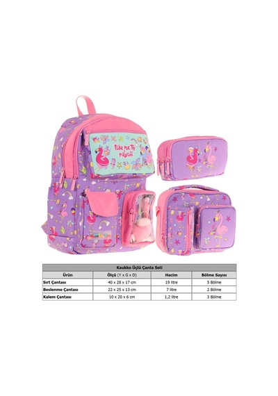 Kaukko Kids Kız Çocuk İlkokul Okul Çantası Seti - Peluş Flamingolu - Mor Pembe L5240+l7240+l8240 Mor - Pembe
