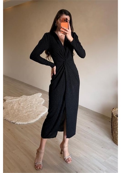 Neşeli Butik Kadın Siyah Bel Büzgü Detaylı Yırtmaçlı Midi Boy Abiye Elbise Nm027 Siyah