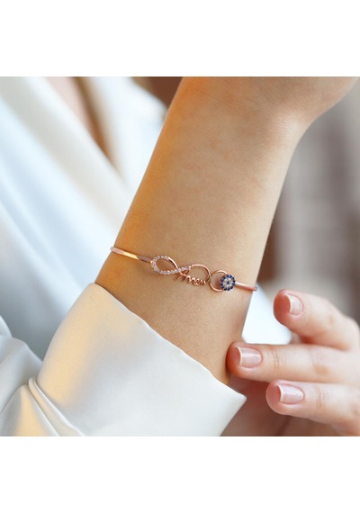 Sonsuzluk Nazar Boncuklu Annem Yazılı Rose Gold Kaplama Gümüş Kelepçe Gümüş