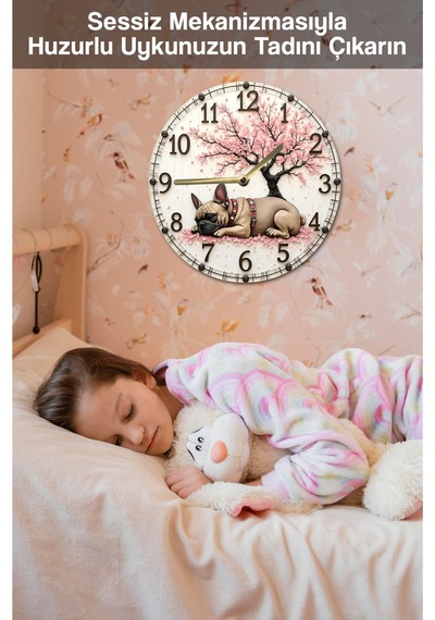 Sakura Ağacı Ve Fransız Bulldog Temalı Mdf Duvar Saati 33 Cm Sdw325 Renkli