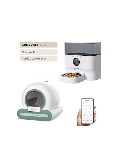 Groove Ti+ Wi-fi Akıllı Otomatik Kedi Tuvaleti Yeşil + Petfit Catmax Pro 5l Wi-fi Kameralı Akıllı Otomatik Mama Kabı Besleme Ünitesi Bundle