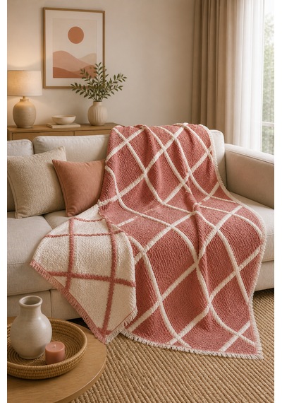 Premium Geometrik Kare Desenli %100 Pamuk Müslin Çift Taraflı Yatak Örtüsü Pike 220x240 Çift Kişilik Kiremit