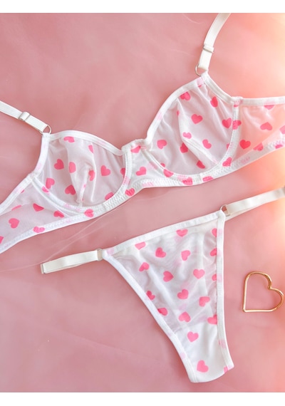 Arinda Lovely Pembe Kalp Desenli Tül Balenli Balenli Kapsız Nefes Alabilen Rahat Sütyen Tanga Alt Üst İç Çamaşırı Takımı 2 Parça Pembe - Ekru Arinda Lovely Pembe Kalp Desenli Tül Balenli Balenli Kapsız Nefes Alabilen Rahat Sütyen Tanga Alt Üst İç Çamaşırı Takımı 2 Parça Pembe - Ekru