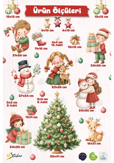Yılbaşı Temalı Çocuk Odası Cam Sticker Seti Çam Ağacı, Kardan Adam, Hediye Noel Figürleri 44 Parça Dijital Baskı