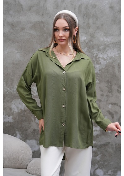 Polologin Butik Haki Yeşil Dökümlü Gömlek Haki