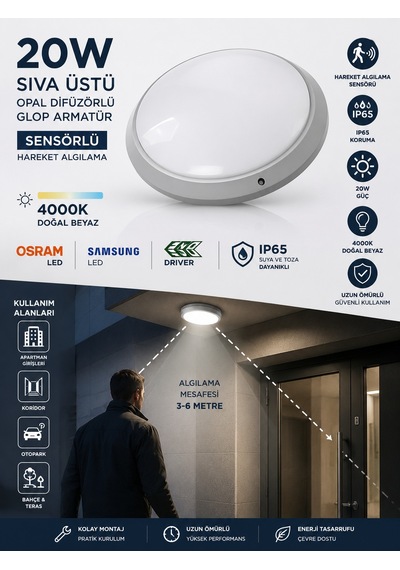 Gecem 20w 4000k Ip65 Sensörlü Sıva Üstü Opal Difüzörlü Led Glop Armatür Ilık Beyaz