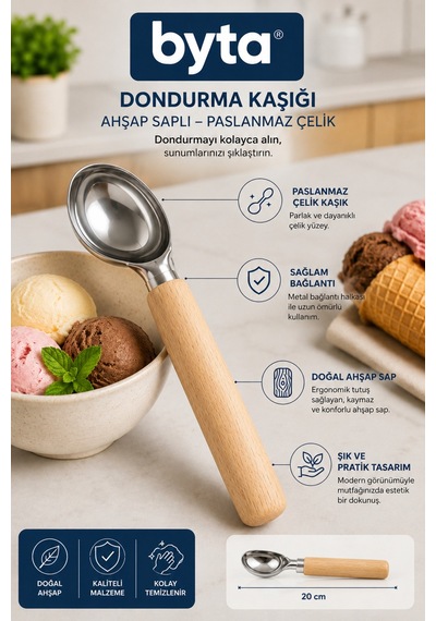 Bambu Saplı Paslanmaz Çelik Dondurma Kaşığı Yüksek Kaliteli Çelik Bej