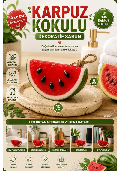 Karpuz Dekoratif Kokulu Sabun Banyo Salon Ofis Dekoru Ortam Kokusu Dekoratif Obje 10x6 Cm Yaz Teması Akdeniz