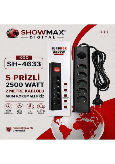 Eurobox Sh-4633 5'li 2metre Kablolu Akım Korumalı Grup Priz 2 m