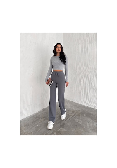 Dechival Kadın Bol Paça Fitilli Pantolon Yazlık Wide Leg Eşofman Altı Füme