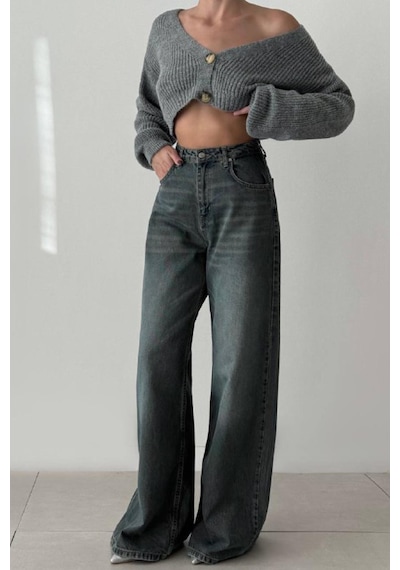 Lacarino 7637 Elephant Leg Kadın Jean Pantolon Green Tint