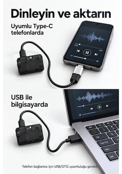 32 Gb Mini Ses Kayıt Cihazı 10 Güne Kadar Kesintisiz Kayıt, Sese Duyarlı, Kulaklık Ve Type-c Otg