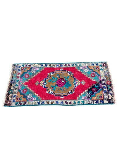 El Dokuma Eskitme Karabağ Halısı 55x115 Kırmızı Yeşil Yastık Kırmızı