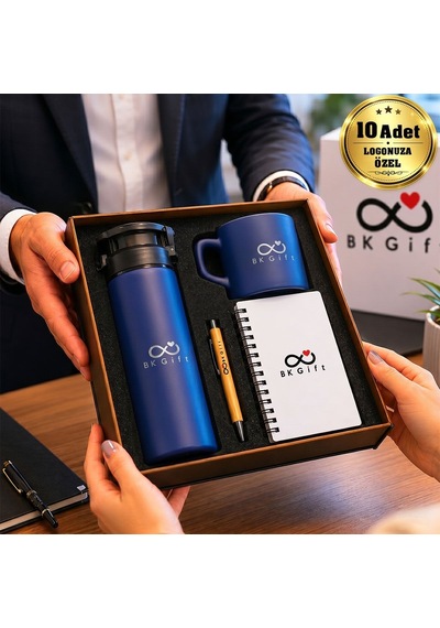 Logonuza Özel 10 Adet Ahşap Kutulu Lacivert Kurumsal Hediye Seti Cam Suluk, Seramik Fincan, Defter Ve Kalemli Promosyon Seti Bitmeyencom37210 Bk Kurumsal