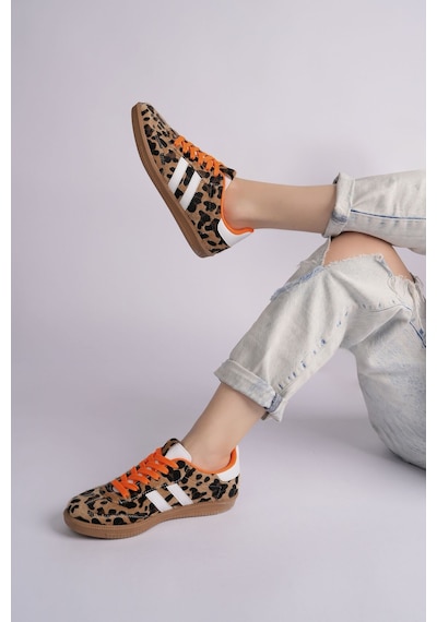 Muggo Taupe Çift Bağcıklı Günlük Kadın Sneaker Spor Ayakkabı Leopar