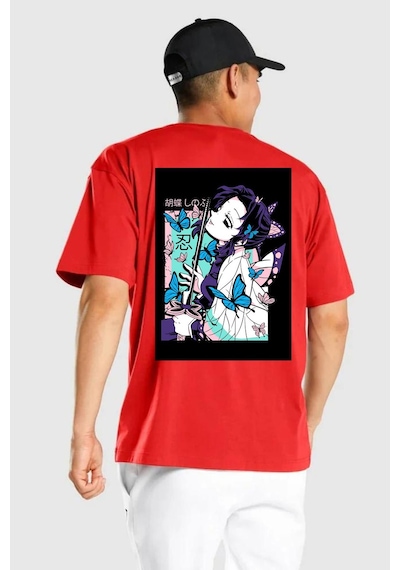 Shinobu Kocho Demon Slayer Kırmızı Oversize Unisex Ön Ve Sırt Baskılı Tişört Kırmızı