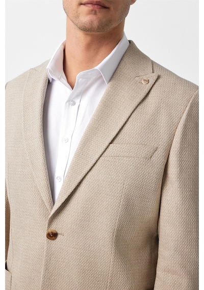 Süvari Bej Slim Fit Desenli Sivri Yaka 6 Drop Ceket