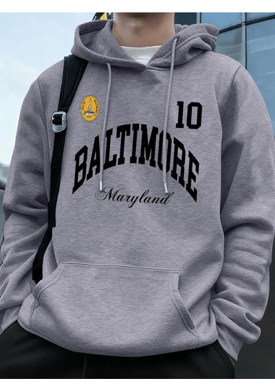 Startmore Tarzsokak Baltimore Maryland Amblemi Baskılı Kapüşonlular Erkek Sportif Gevşek Tişörtü Kış Polar Sıcak Gri