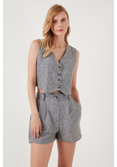 Lela Flamlı Regular Fit V Yaka Yelekli Şortlu Bayan Takım 67045802S4 Gri