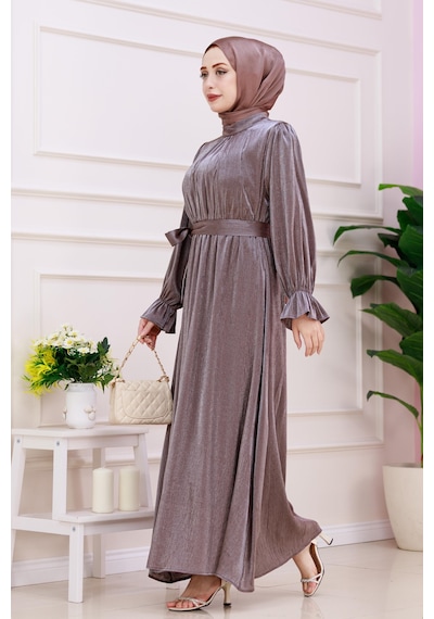 Kolu Volanlı Simli Alya Abiye-kahverengi-4871