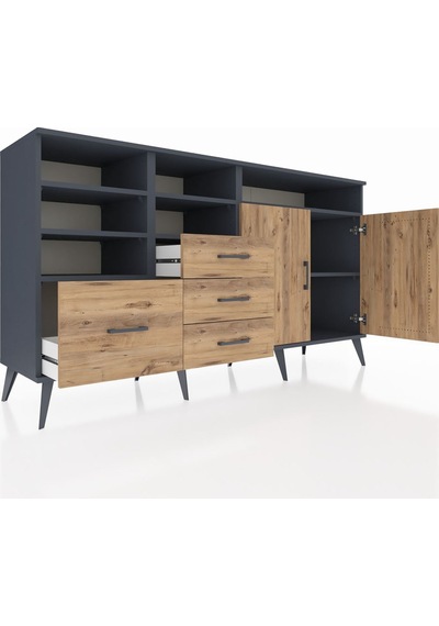 Hyperion Konsol 7 Raflı 4 Çekmeceli 2 Kapaklı 176x44x99 Antrasit- Antrasit-çam