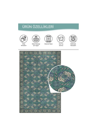 Artloop Relic Yeşil / Mavi Vintage Dokulu Klasik Desenli Dokuma Tabanlı Şönil Halı Al 472 Yeşil - Mavi