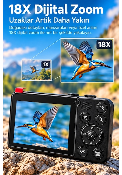 4k Dijital Fotoğraf Makinesi 18x Dijital Zoom 64 Mp Ön Ve Arka Ekranlı Kompakt Kamera Siyah