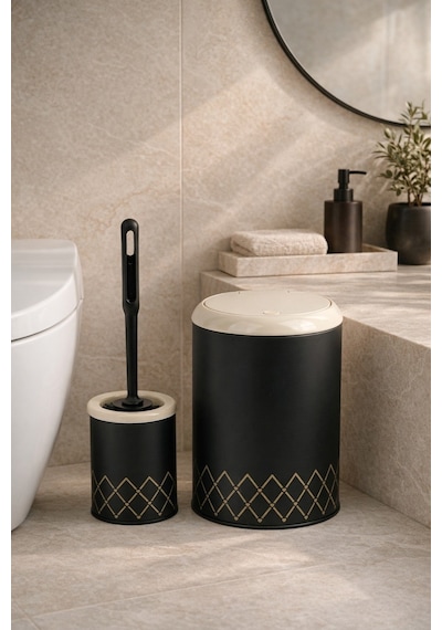 Geometrik Zikzak Desenli 2'li Banyo Seti Siyah