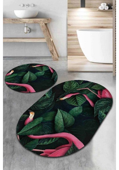 Yeşil Yapraklı Desen Oval Banyo Klozet Paspas Seti Bs089n11